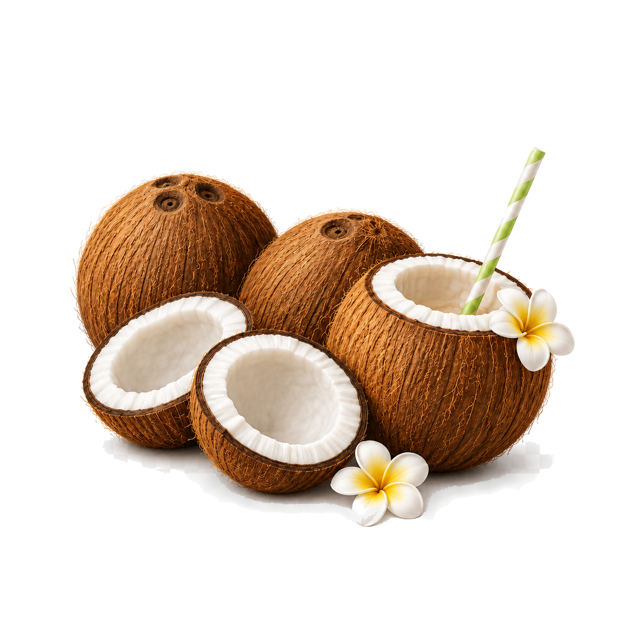Fresh coconuts with a straw and plumeria flowers