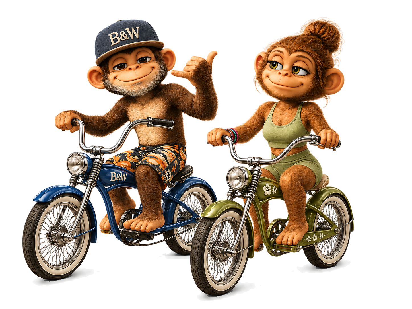The two Barefoot & Wonder monkeys riding cruiser bikes side by side, one throwing a shaka